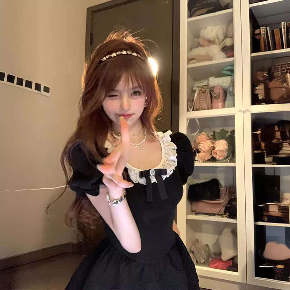 French Style Black Sleeve For Women Summer High-End Elegant Princess Puff Waist-Cinching Petite Short Dress B5