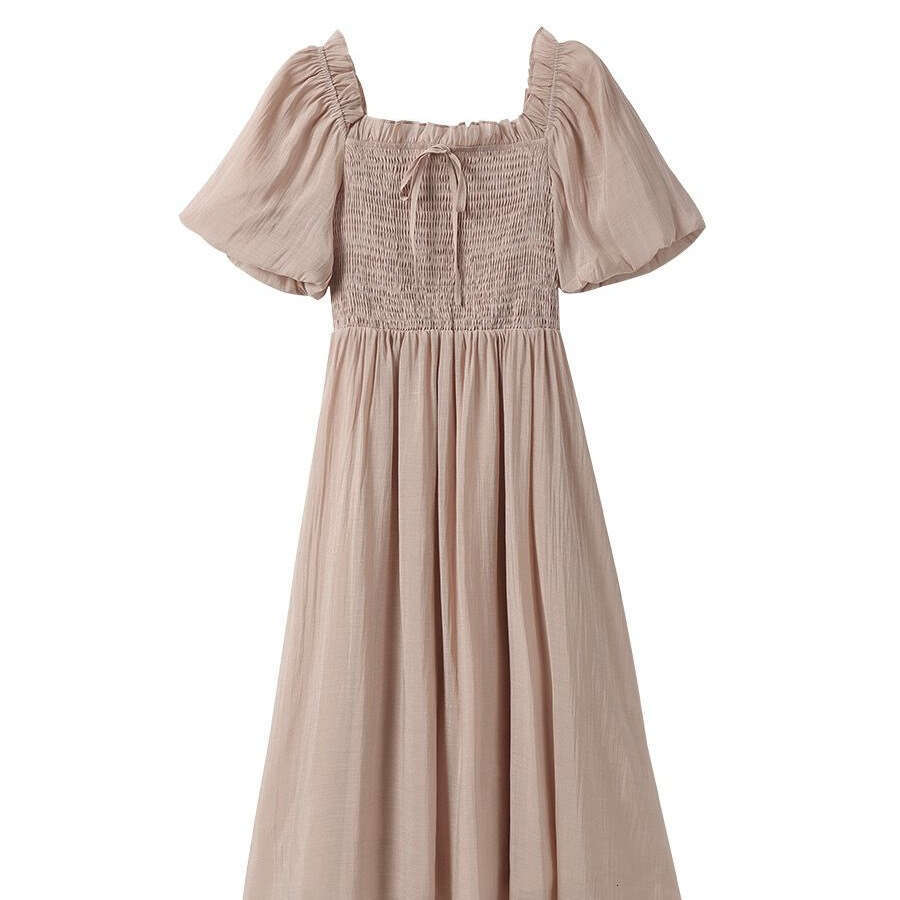Summer New French Sweet Square Neck Puff Sleeve For Petite Women Slim Waist Fairy Long Dress B5