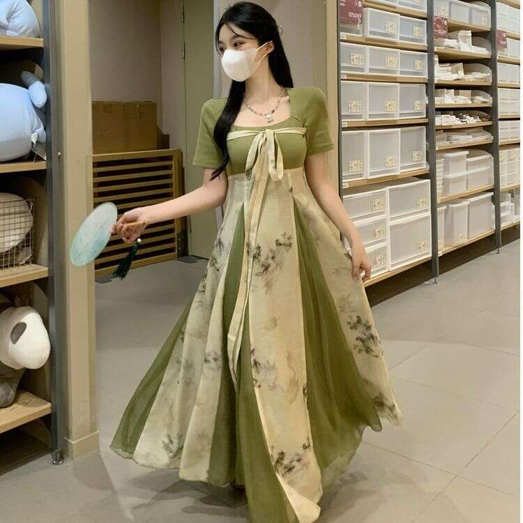 Plus Size New Chinese Style Sleeve Summer Waist Slimming Improved Long For Slightly Chubby Women With Tie Floral Dress B5