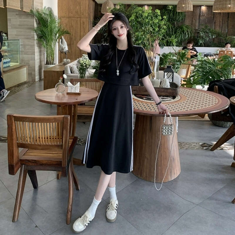 Plus Size French Casual Fake Two-Piece Summer Fat MM Belly Covering Slimming Sports Style Dress For Women B5