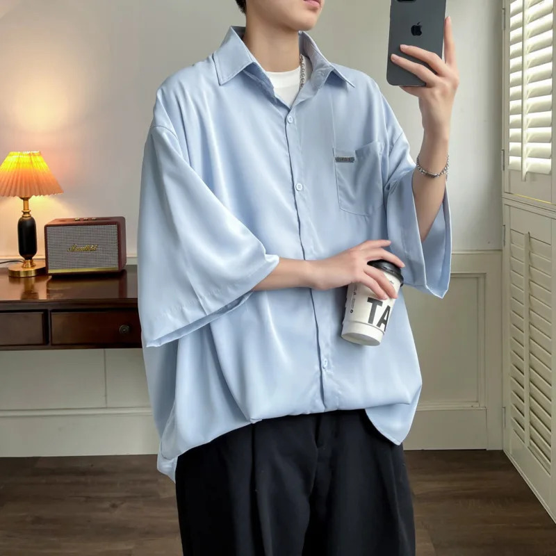 Summer Short Sleeved Shirt Men Society Mens Formal Dress Shirt Korean Loose Ice Silk Shirt Mens White Casual Shirts Large Size 250707