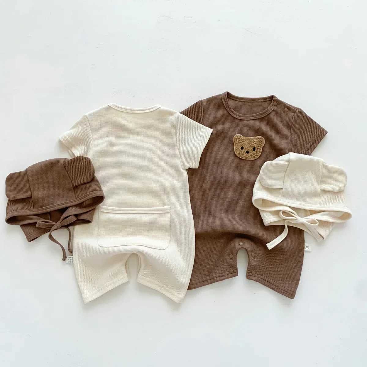 Cotton Romper Gift Hat with Ears New In Summer Kids Baby Girls Boys Short Sleeve Waffle Patch Bear Infant Newborn Jumpsuits XJ250712