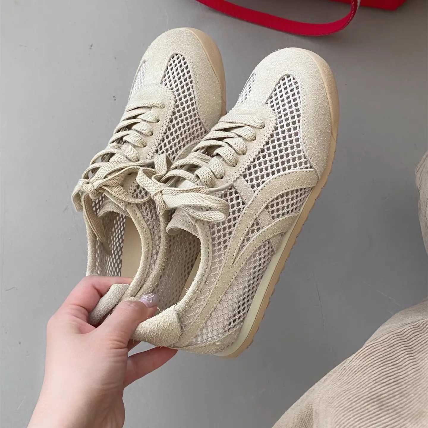 Womens Sneakers New Training Shoes Woman Breathable Net Lace Up Sport Running Shoe Hollow Out Flat Shoes XJ250712