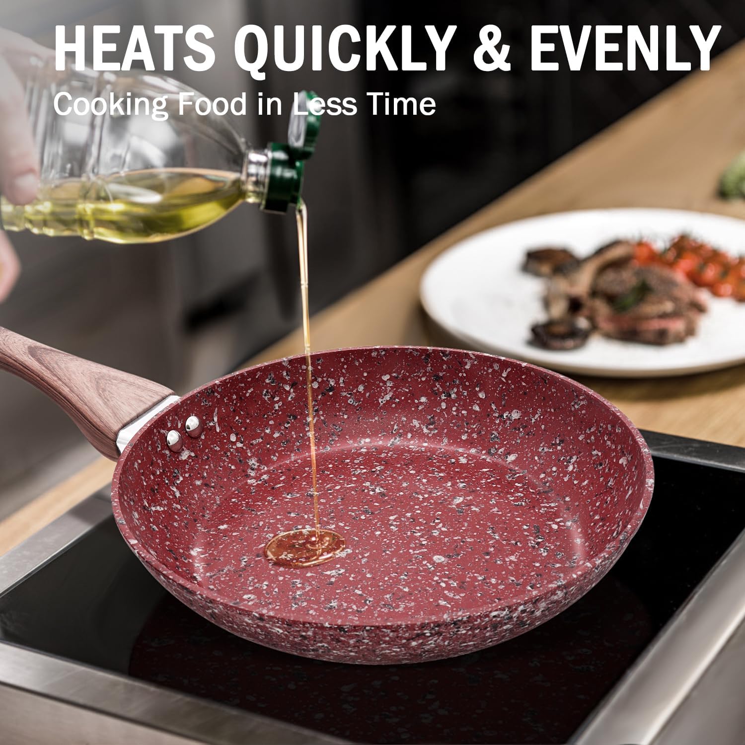 KOCH SYSTEME CS 10 inch Red Granite Non-Stick Frying Pan with Lid, Classic Pans with Non-toxic Nonstick Coating