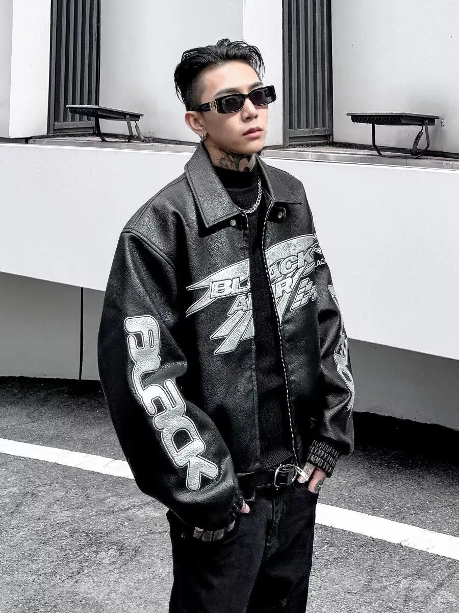 Autumn Winter Punk Coat Embroidery Motorcycle Suit PU Leather Jacket Mens High Street Retro Niche Silhouette Heavyweight Jacket 250708