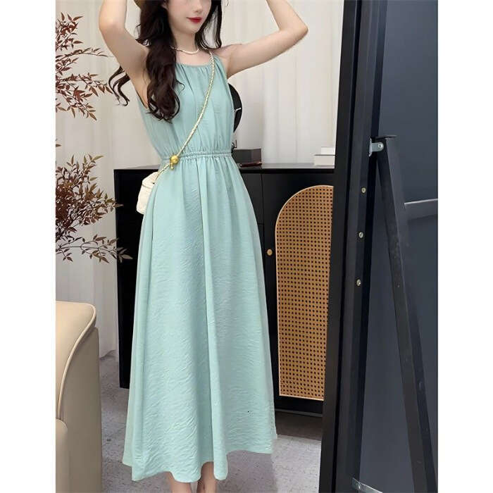 Blue Off-Shoulder Vacation Style New Design Waist-Cinching Slimming Sleeveless Halter Neck Long Dress For Women Summer B5