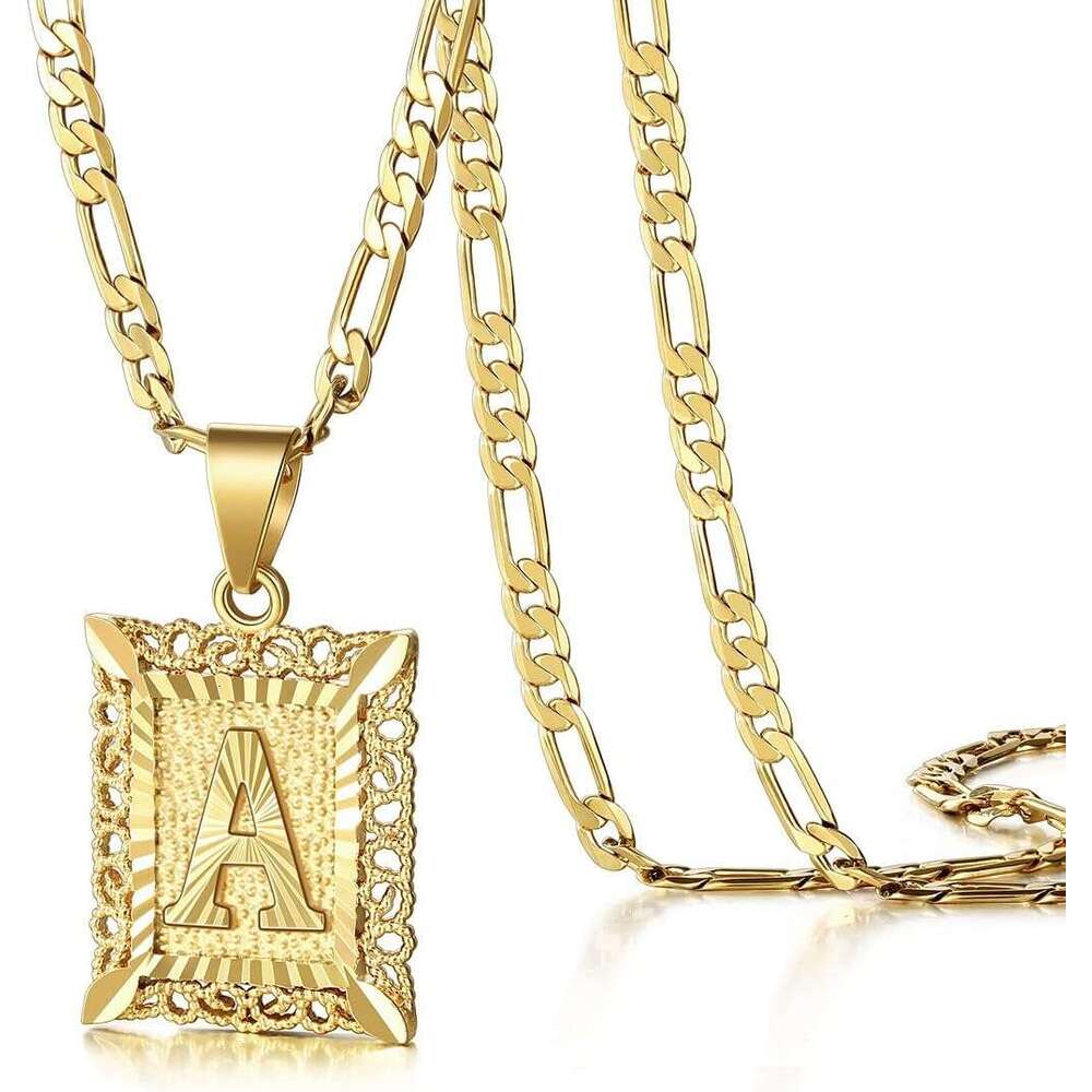 Initial Letter Pendant Necklace for Men Women 14K Gold Plated Square Capital Monogram Necklace Alphabets From A-Z Figaro Chain Punk Jewelry