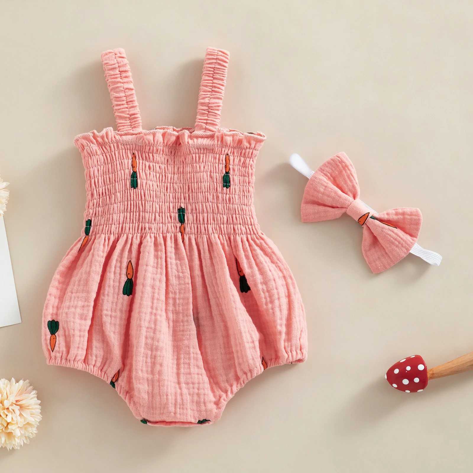 pudcoco Infant Newborn Baby Girl 2Pcs Summer Outfits Sleeveless Cherry/Carrot/Tree Print Romper with Headband 0-18M XJ250712