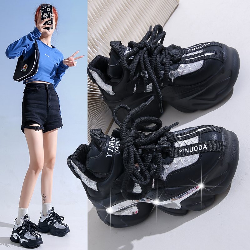 10CM New 2025 Spring Women Chunky Sneakers Heels Lace-up High Platform Casual Shoes Woman Fashionable anti slip sports shoes Leather Outdoor running s