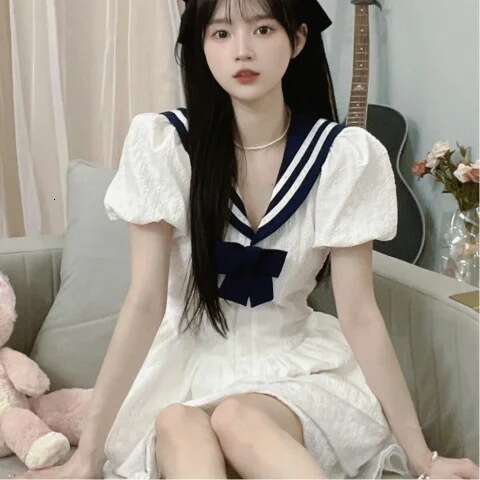Navy Style Doll Waist-Cinching A-Line For Women Summer Hot Girl Princess Puffy Little White Dress B5