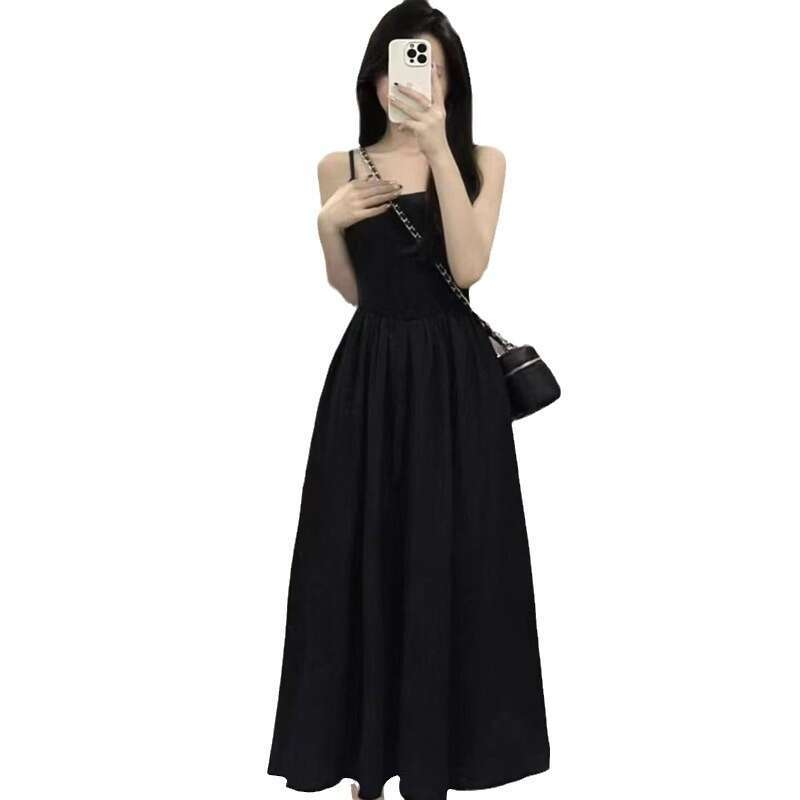 French Pure Desire Hepburn Style Black Strap For Women Summer Design Sense Niche Casual Waist-Cinching Long Dress B5