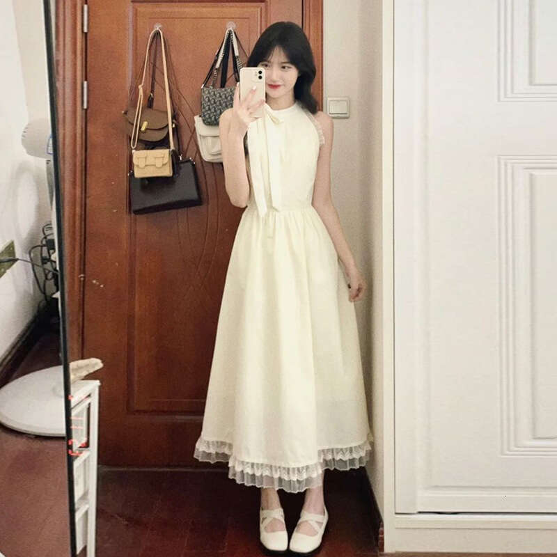 French Romantic Halter Summer First Love Sleeveless Beach A-Line Waist-Cinching Long Dress For Women B5