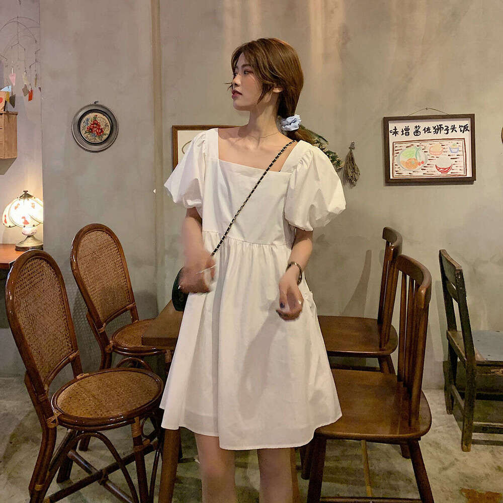 Summer Korean Version Sweet Loose Puff Sleeve Square Neck Style Slimming Petite French Dress B5