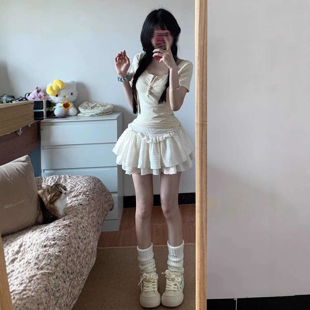 Summer Matching New Pure Desire Sweet Girl Slim Fit Fake Two-Piece Short Sleeve Half Skirt Set B5