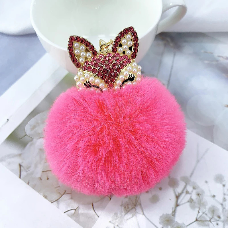Cute Pompom Keychain Charm Rhinestone Mini Fox Fluffy Fur Pendant For Women Bag Car Keyring Phone Jewelry Accessories Kids Gift 250708