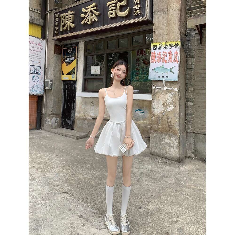 French Style Gentle White Strap For Women Summer Slim Fit Slimming Puff Princess Birthday Short Dress B5