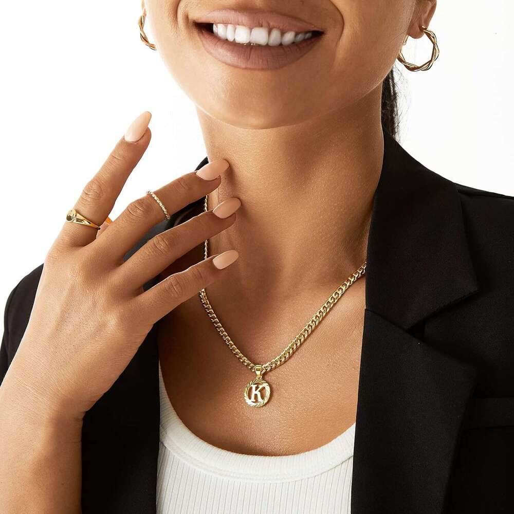 Designer Necklace 14K Gold Plated Round Letter Pendant Hollow Capital Monogram 5Mm Cuban Chain Necklace Alhpabets From A-Z Dainty Jewelry for Women Me