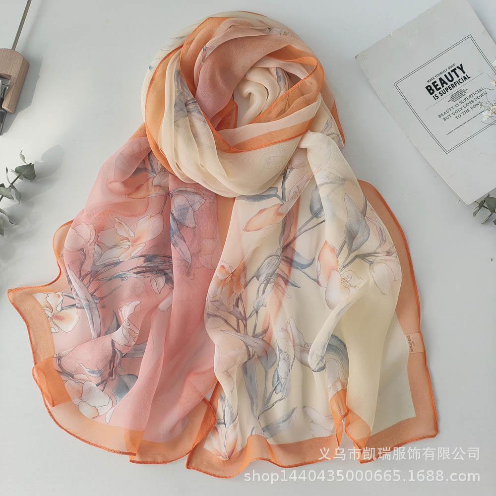 K1325 Summer printed silk scarf all-match transparent perfume orchid chiffon georgette light spring and summer sunscreen scarf for women