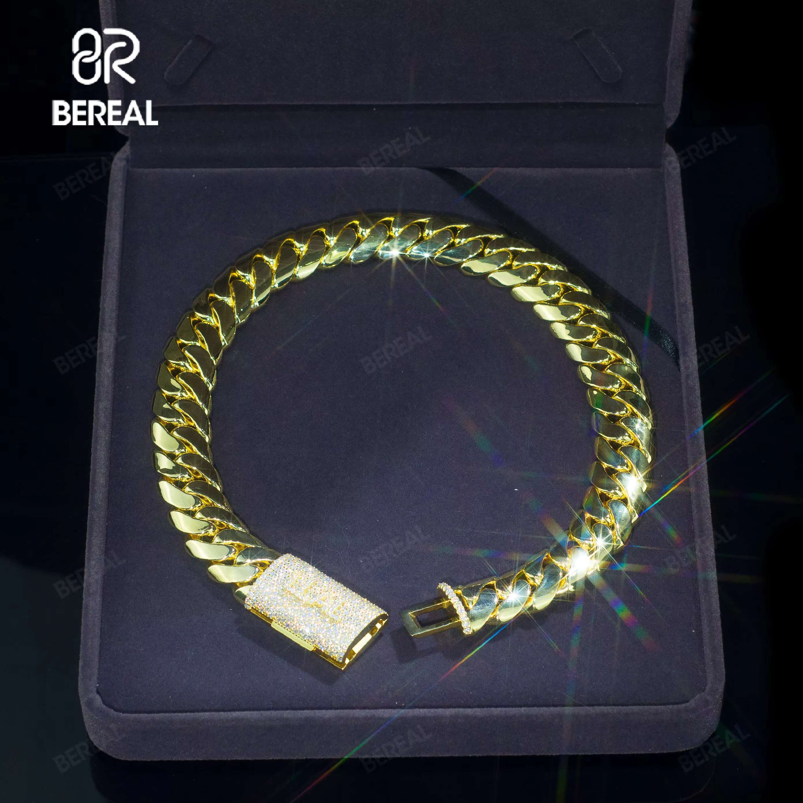 Factory Direat Gold Plated Moissanite Miami Cuban Chain Bracelet Iced Out Round Brilliant Cut 925 Silver Hip Hop Link Chain