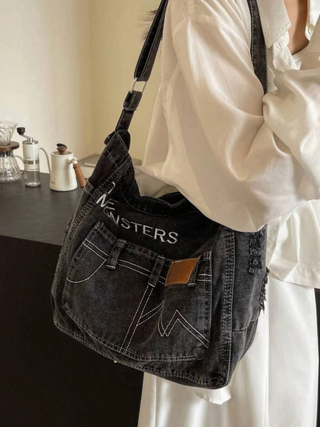 Vintage Denim Shoulder Bag with Adjustable Strap & Multiple Pockets, Distressed Jeans-Style Stitching and Metal Buckles for Casu