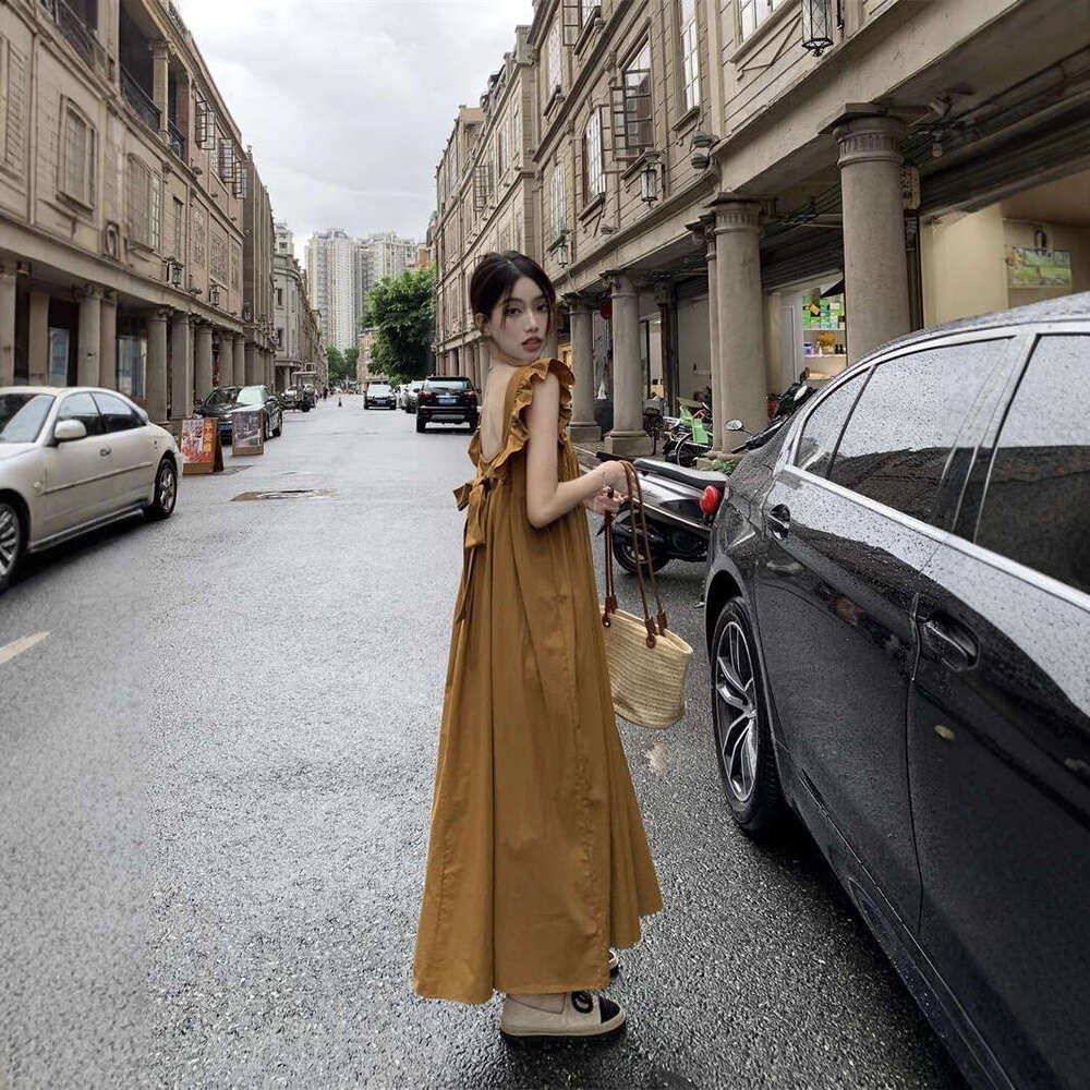 Gentle Style Lace-Up Bowknot For Women Summer Sweet Small Flutter Sleeves Elegant Waist-Cinching Slimming A-Line Long Dress B5