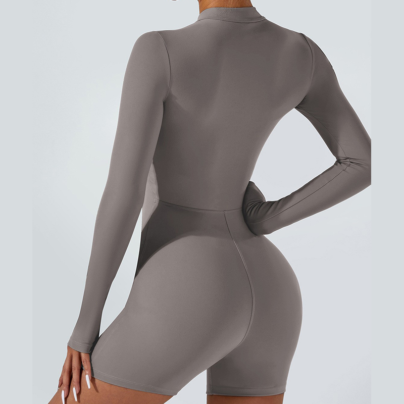 Women's New Open Collar Zip-up Long-sleeve Romper Shorts | Sexy Fitted Yoga Outfit for Dance, Fitness & Workout