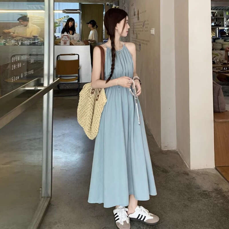 Blue Off-Shoulder Vacation Style New Design Waist-Cinching Slimming Sleeveless Halter Neck Long Dress For Women Summer B5