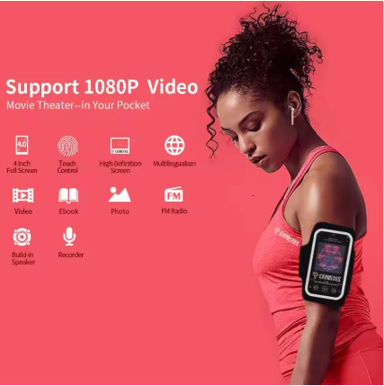 4 Inch UI MP4 Player MP3 Music Player Bluetooth 5.0 Touch Screen 16GB with Speaker 1080P Video Ebook Multi-Language Portable MP4
