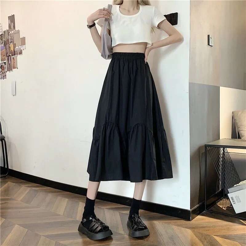 High Waist Slimming Versatile Midi For Women Summer New Korean Style Plus Size Loose A-Line Skirt Trendy B5