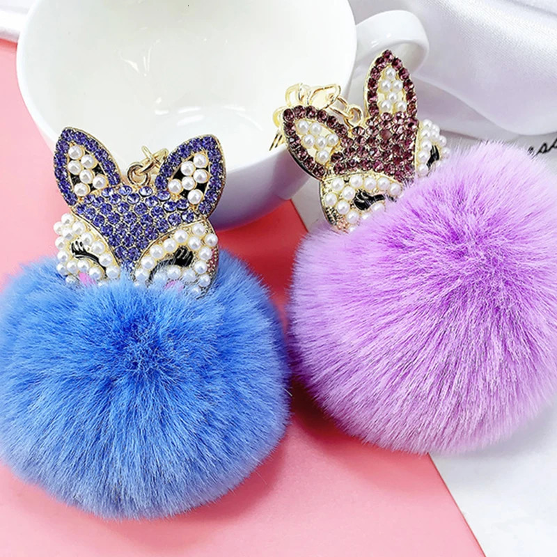 Cute Pompom Keychain Charm Rhinestone Mini Fox Fluffy Fur Pendant For Women Bag Car Keyring Phone Jewelry Accessories Kids Gift 250708