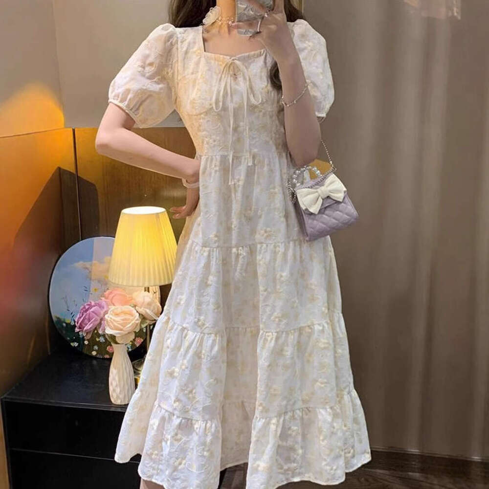 French Apricot Floral For Women Summer New Gentle Style Petite High-End Waist-Cinching Long Dress B5