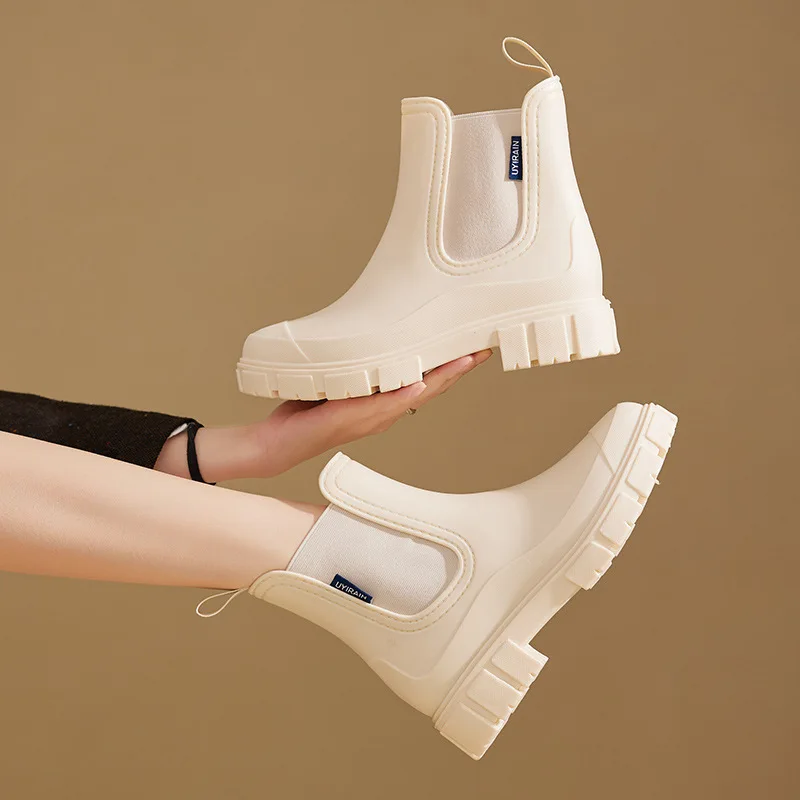 Women's Chelsea Rain Boots Thick Bottom Waterproof Elastic Band Anti-slip Kitchen Gel Shoes Car Wash Shoes Fashionable Cross-Bor