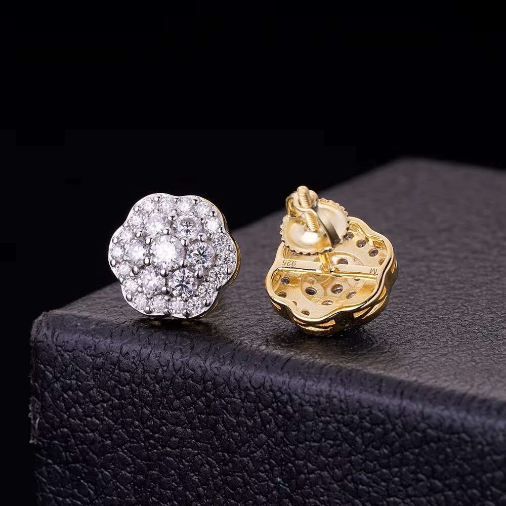 Fine Jewelry Earring 8MM 14K Gold Plated CZ Diamond Earrings Jewelry 925 Silver VVS Moissanite Flower Cluster Stud Earrings
