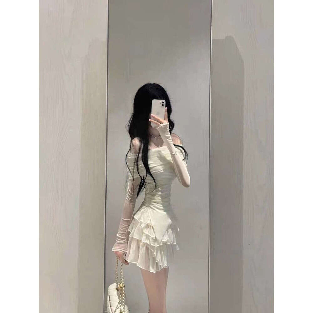 Pure Desire Sweet And Spicy Dress For Women Slim Fit Long Sleeve Off-Shoulder Top Hot Girl High Waist Cake Short Skirt Two-Piece Set B5