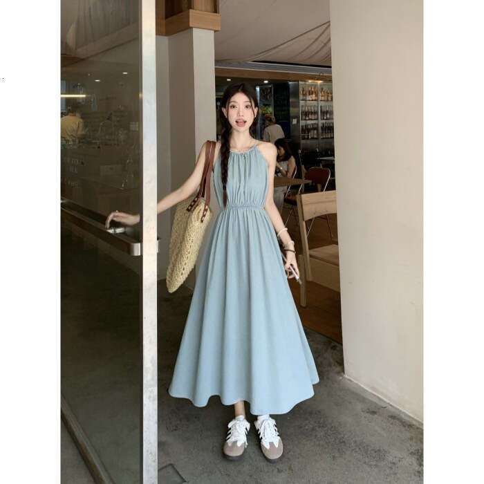 Blue Off-Shoulder Vacation Style New Design Waist-Cinching Slimming Sleeveless Halter Neck Long Dress For Women Summer B5