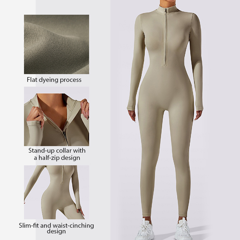 European and American Nude-Feel Zip-Up Long-Sleeve Yoga Bodysuit | High-Impact Workout One-Piece Fitted Yoga Outfit