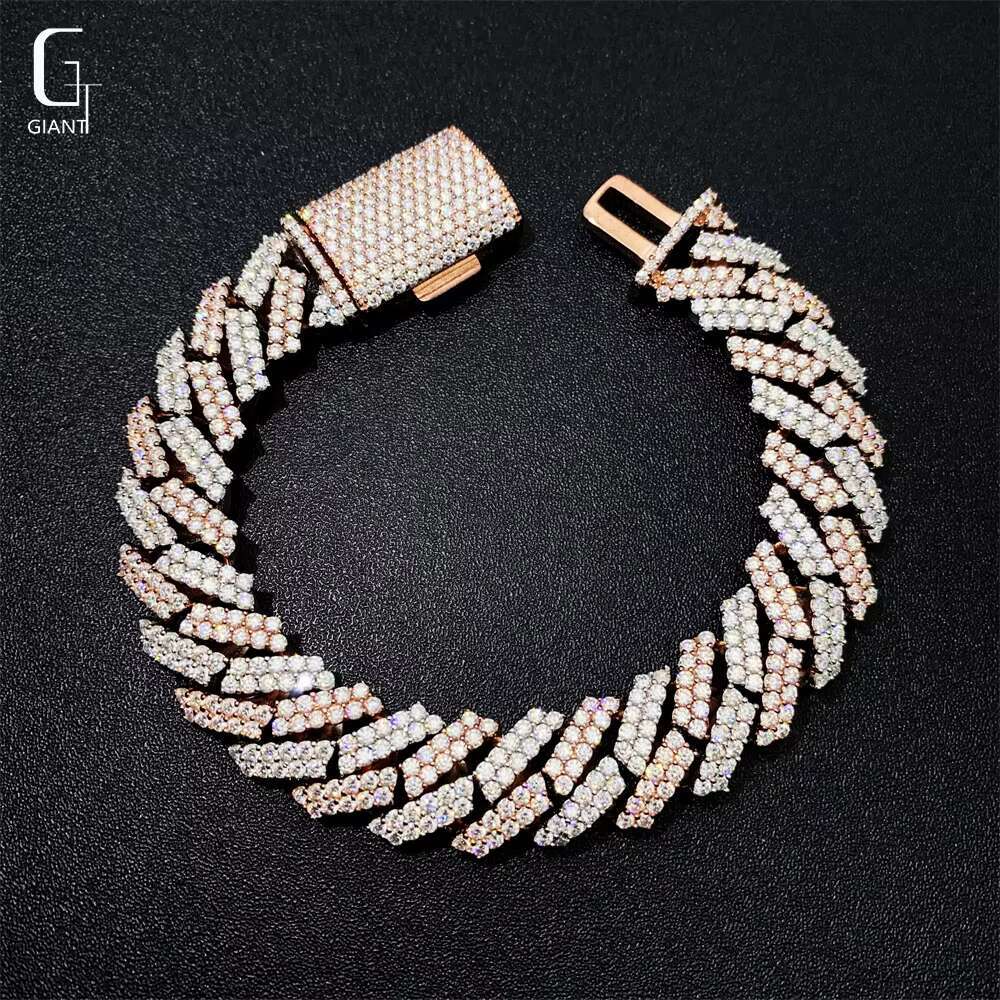15mm Rose Gold + Silver Plated HIP HOP Jewelry 925 Sterling Silver VVS Moissanite Diamond Cuban Link Necklace Bracelet Unisex