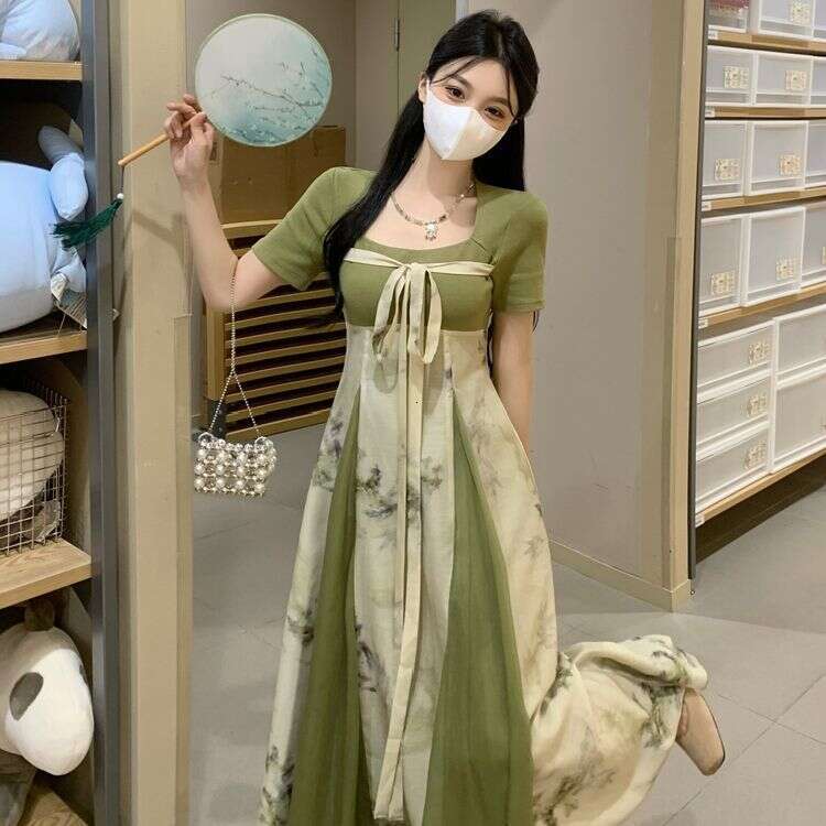 Plus Size New Chinese Style Sleeve Summer Waist Slimming Improved Long For Slightly Chubby Women With Tie Floral Dress B5