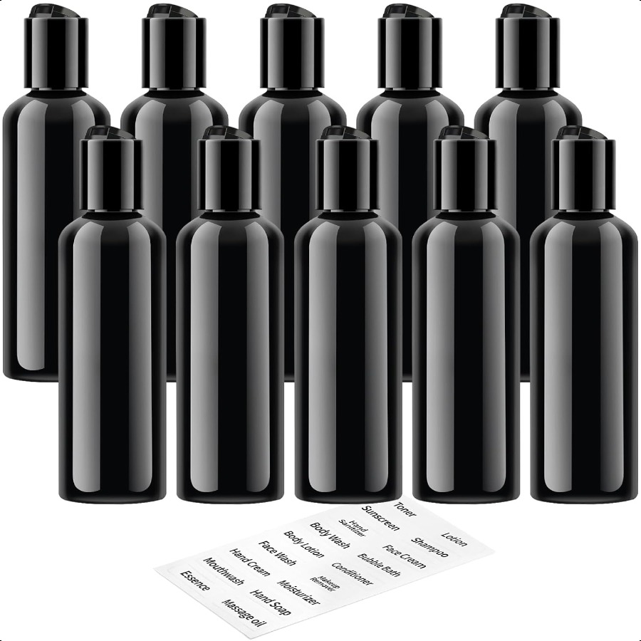 10 Pack 3.4 oz Black Travel Bottles for Toiletries TSA Approved Leakproof Travel Size Containers Empty Small Plastic Shampoo