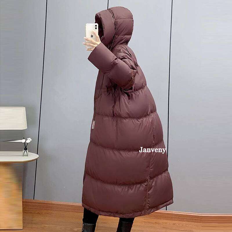 Janveny 2025 New Winter Hooded Drawstring Loose Puffer Jacket Women Solid Casual Silhouette Long 90% White Duck Down Warm Coat