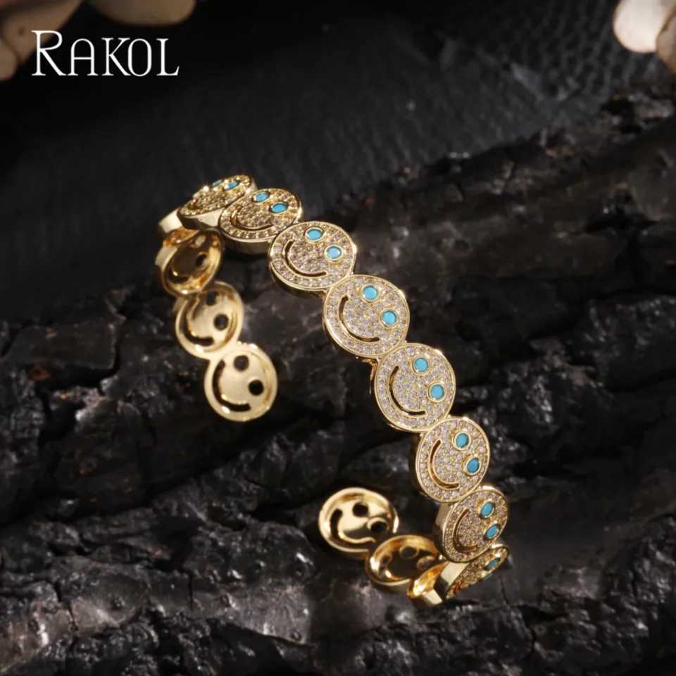 RAKOL Stylish Round Smile Cuff Bangle Copper Gold Plated Cubic Zirconia Charm Party Jewelry For Women Men Gifts Z250711