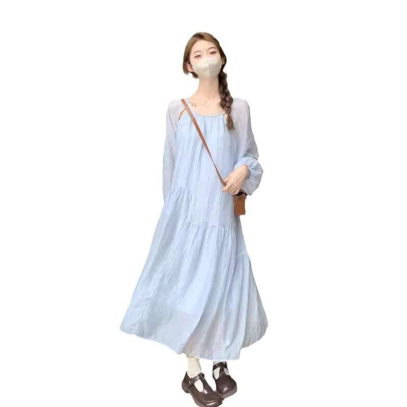 Lazy Style French Elegant Sleeve For Women New Spring And Autumn Design Sense Pleated Loose A-Line Long Dress B5