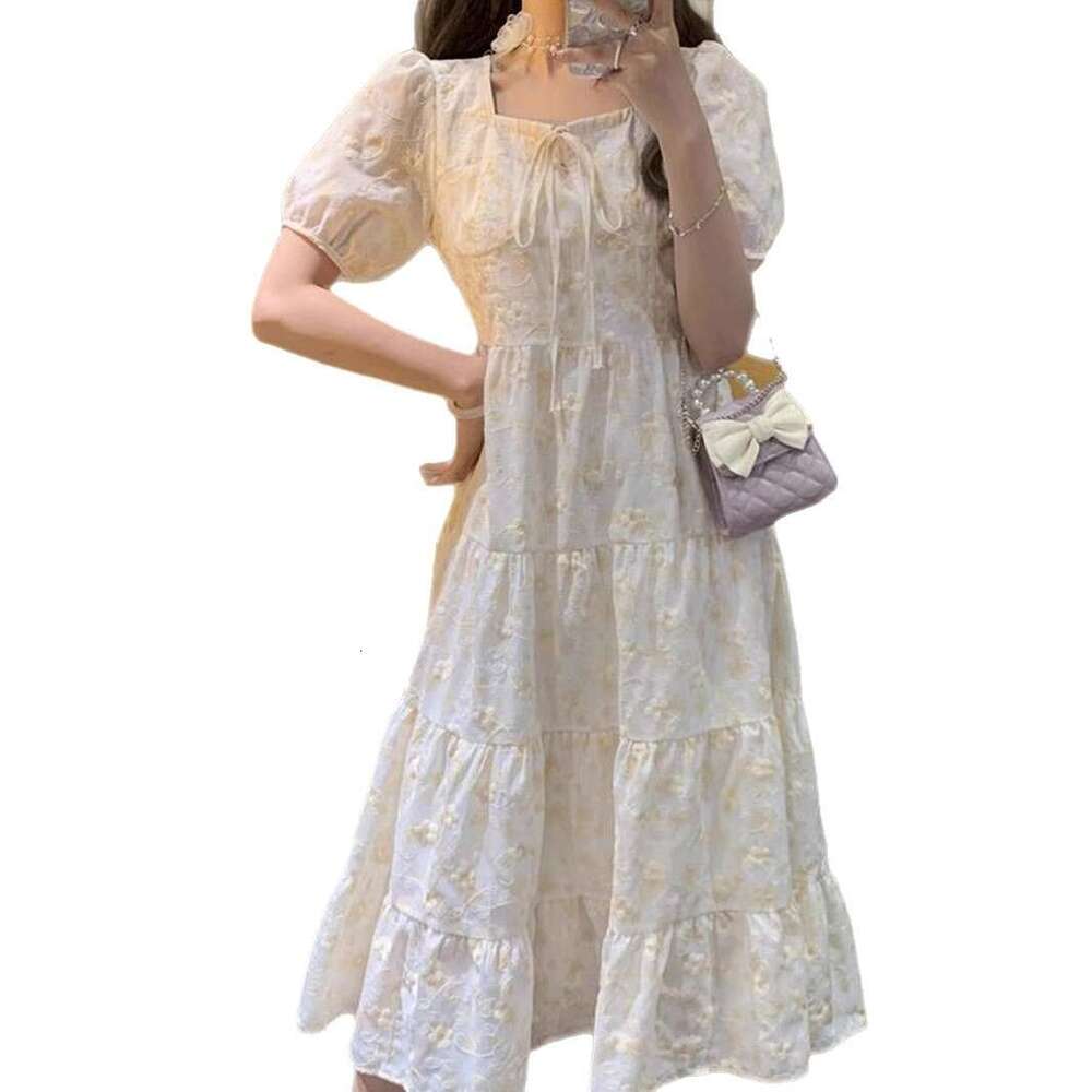 French Apricot Floral For Women Summer New Gentle Style Petite High-End Waist-Cinching Long Dress B5