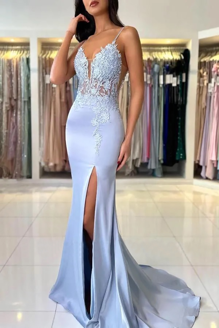 Elegant Mermaid Bridesmaid Dress Long Mermaid V-Neck Spaghetti Strapless Sleeveless Satin Lace Prom Dresses