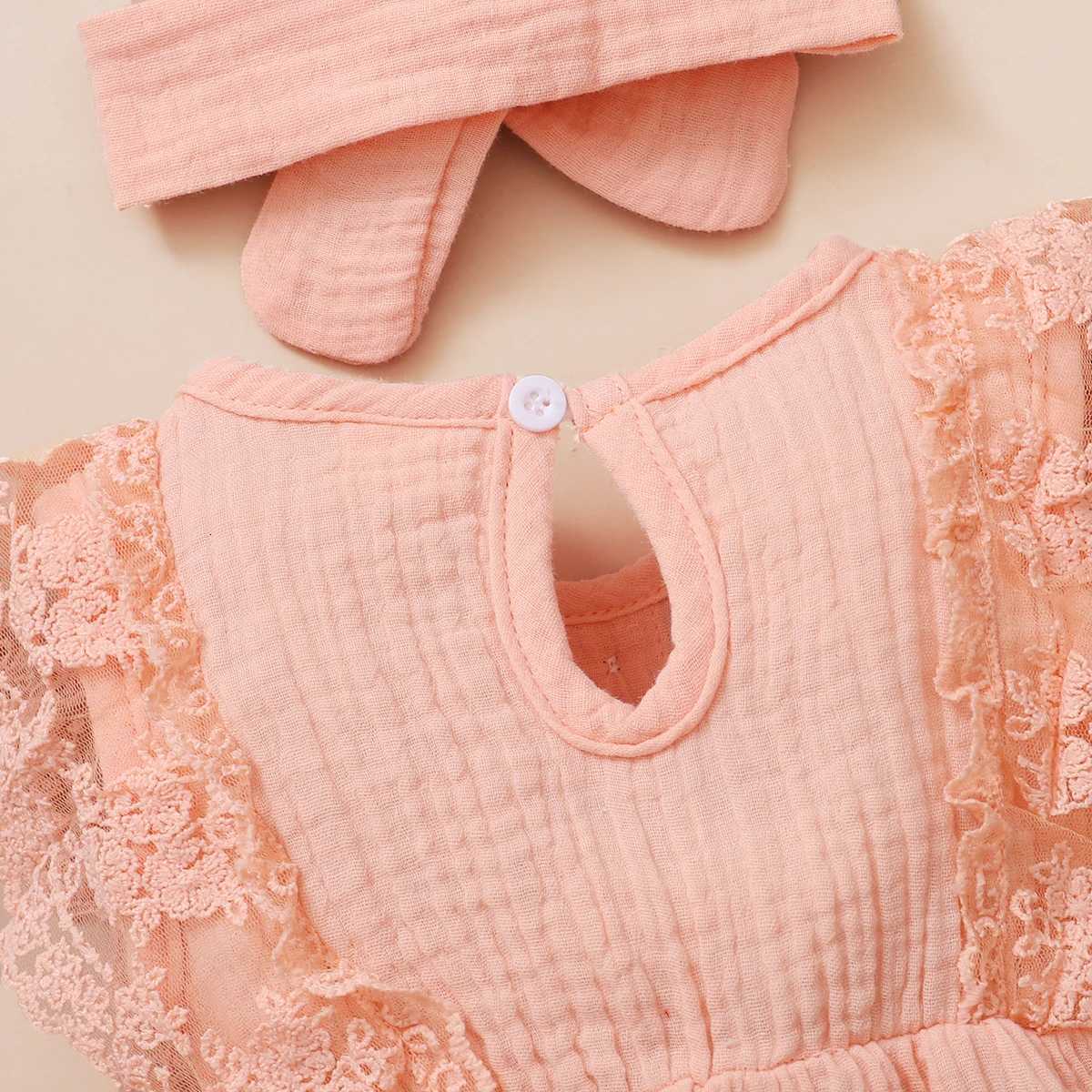 0-18 Months Newborn Baby Girl Plain Soft Bodysuit Lace Flared Sleeve Summer Romper with Headband Toddler Baby Girl Clothing XJ250712
