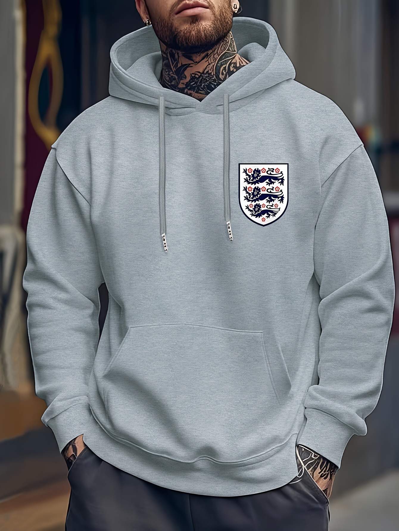 Men's Casual Hooded Sweatshirt with England Flag Print - Winter Pullover, Regular Fit Hoodie for Casual Attire, Sweater Hoodie