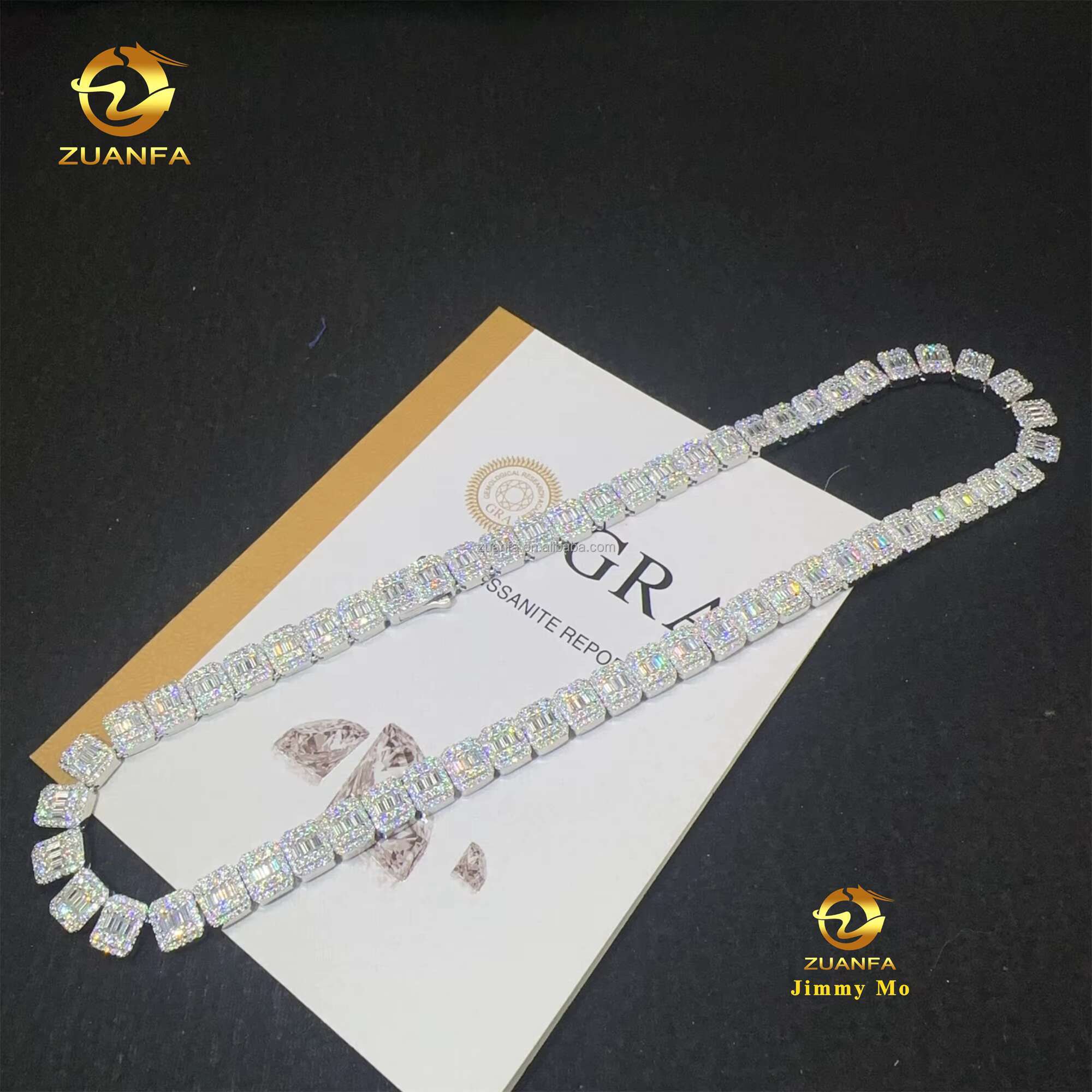 Personalized Hip Hop Style Jewelry Iced Out 925 Solid Silver Rhodium Plated Baguette Moissanite Cluster Tennis Chain Men