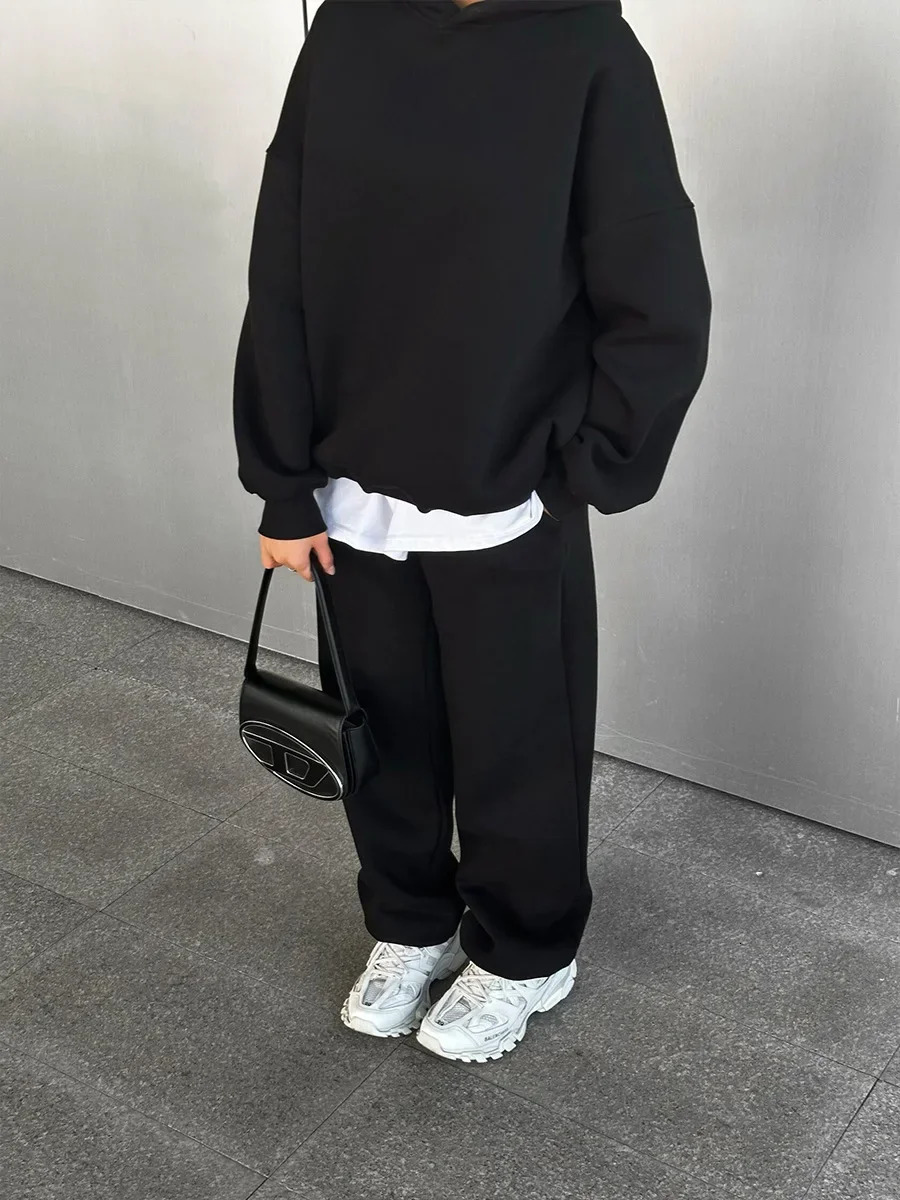 Wolfeel Solid Color Hoodies Pants 2-Pieces Sets Winter Thicken Fleece Womens Sweatshirt Oversized Fashion Warm Pullovers Sets 250709