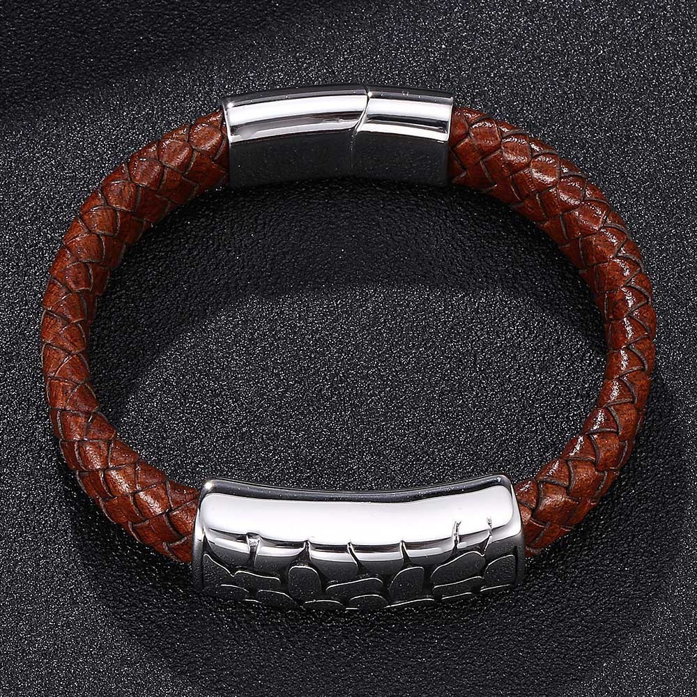 REAMOR New Stainless Steel Inlay Leather Connector Bracelets Mens Brown Genuine Leather Bracelet Mens Gift Jewelry CX200724