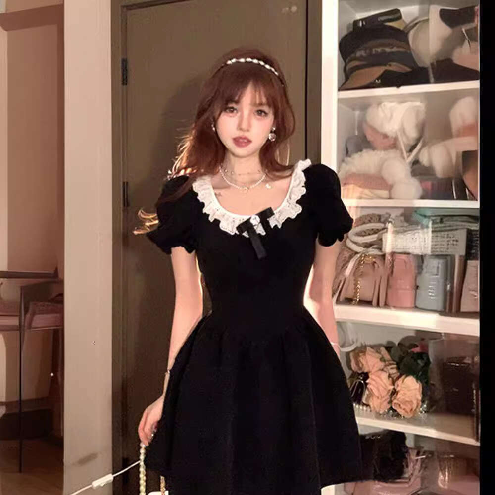 French Style Black Sleeve For Women Summer High-End Elegant Princess Puff Waist-Cinching Petite Short Dress B5